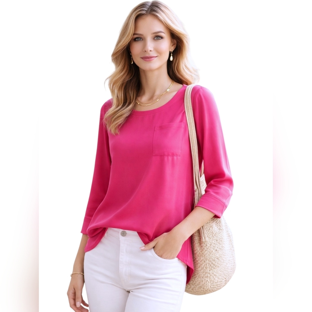 J.Crew 100% Silk Hot Pink Blouse Scoop Neck 3/4 Sleeve Pocket Top Size 6